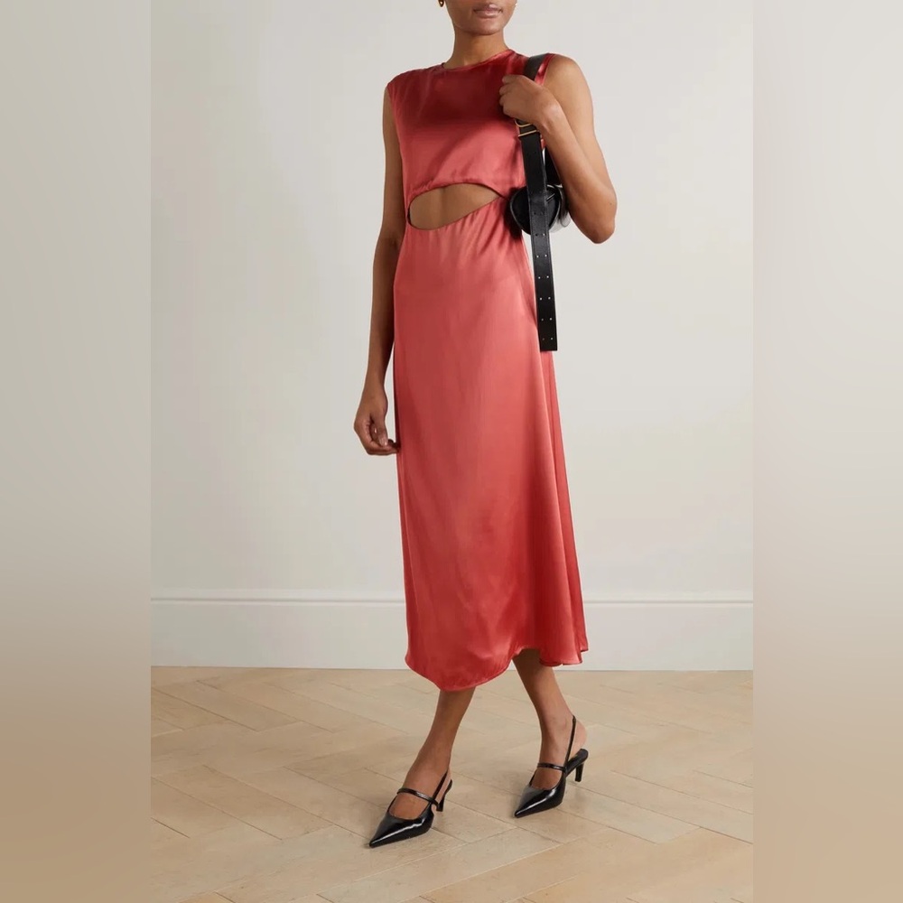 NWT Loulou Studio Copan Cutout Satin Midi Dress in Brick Red Size Large